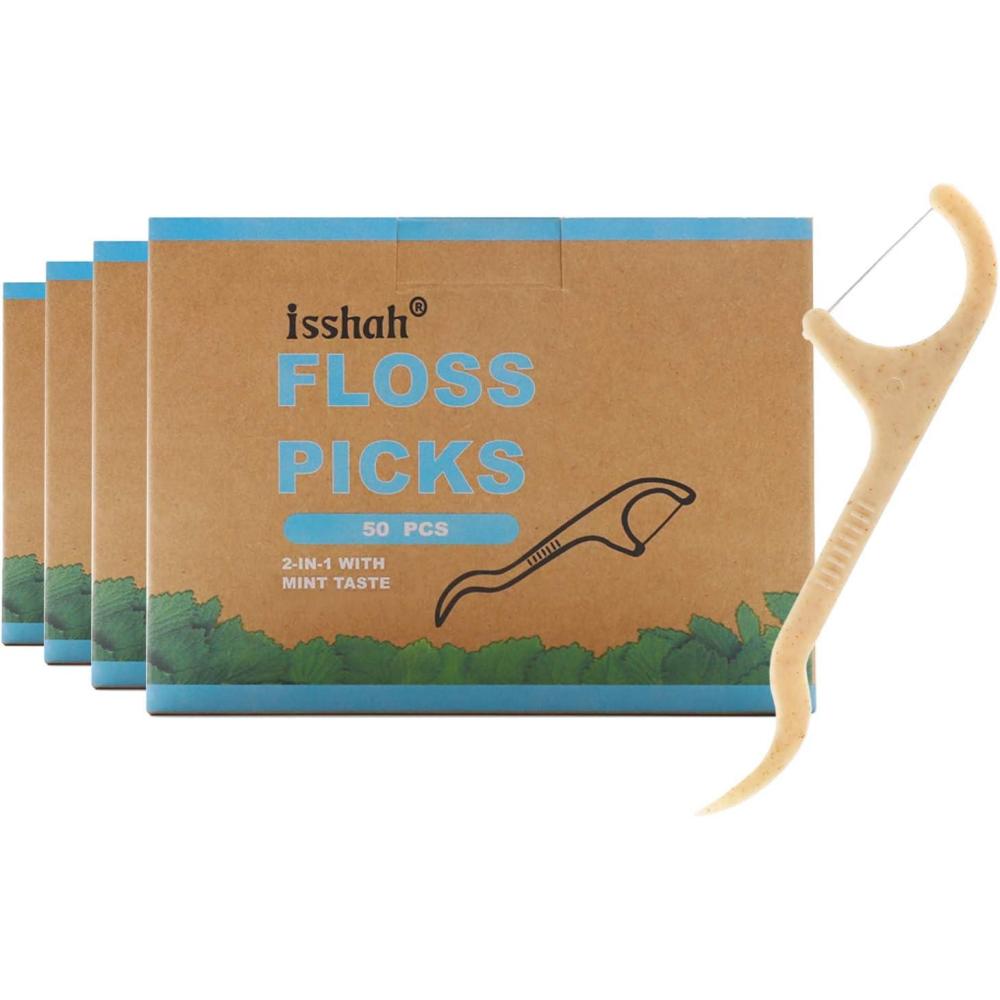Natural Dental Floss Picks – 200 Count – PETA Approved, BPA Free, Vegan, Sustainable, Eco Friendly, Natural Dental Flossers by Isshah (Charcoal)(Mint)