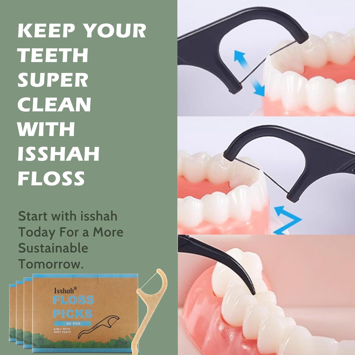 Natural Dental Floss Picks – 200 Count – PETA Approved, BPA Free, Vegan, Sustainable, Eco Friendly, Natural Dental Flossers by Isshah (Charcoal)(Mint)