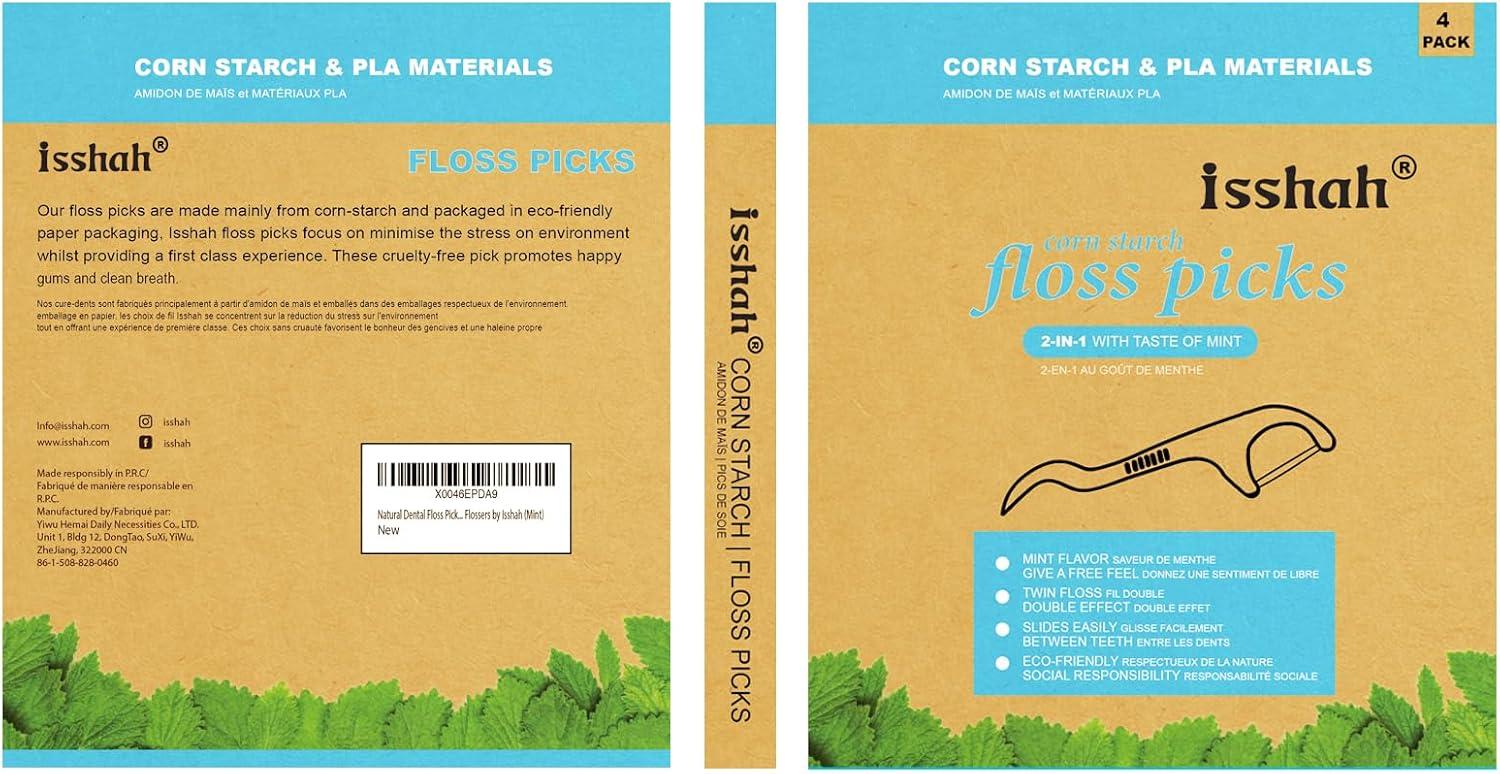 Natural Dental Floss Picks – 200 Count – PETA Approved, BPA Free, Vegan, Sustainable, Eco Friendly, Natural Dental Flossers by Isshah (Charcoal)(Mint)