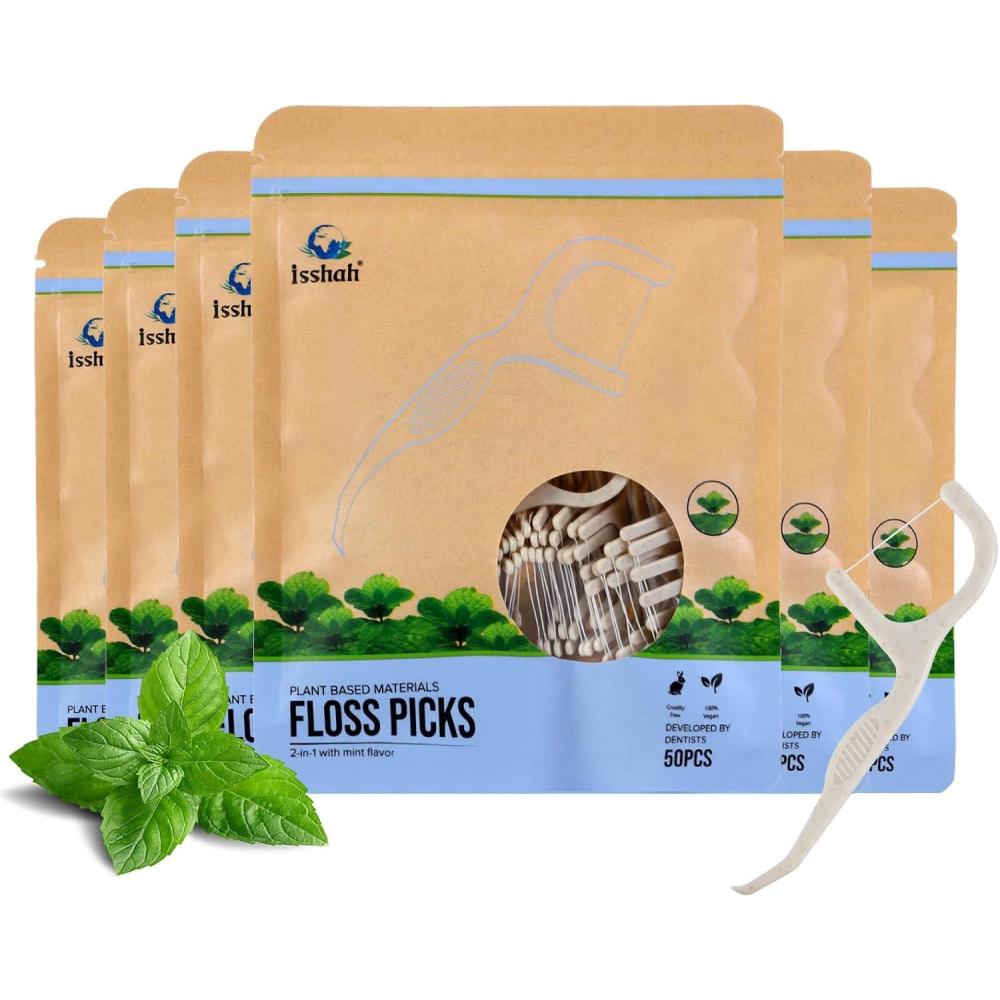 Floss Picks (300 Count) – Plant Based Dental Floss Picks for Superior Oral Care, Dental Hygiene, and Gum Health, Cruelty Free Tooth Floss Picks Single Thread (Mint)(Mint)