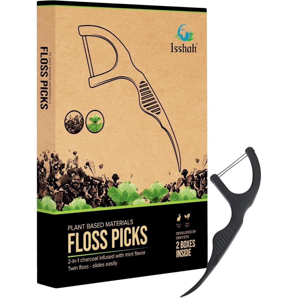 Natural Dental Floss Picks (100 Count) – Vegan, Eco Friendly, Sustainable Dental Flossers – Twin Floss (Mint)(Charcoal)