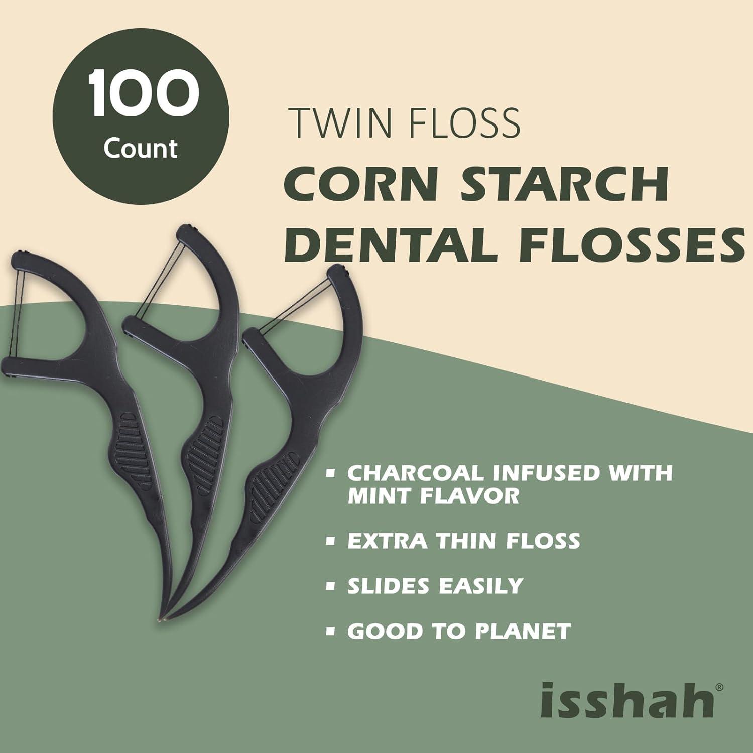 Natural Dental Floss Picks (100 Count) – Vegan, Eco Friendly, Sustainable Dental Flossers – Twin Floss (Mint)(Charcoal)