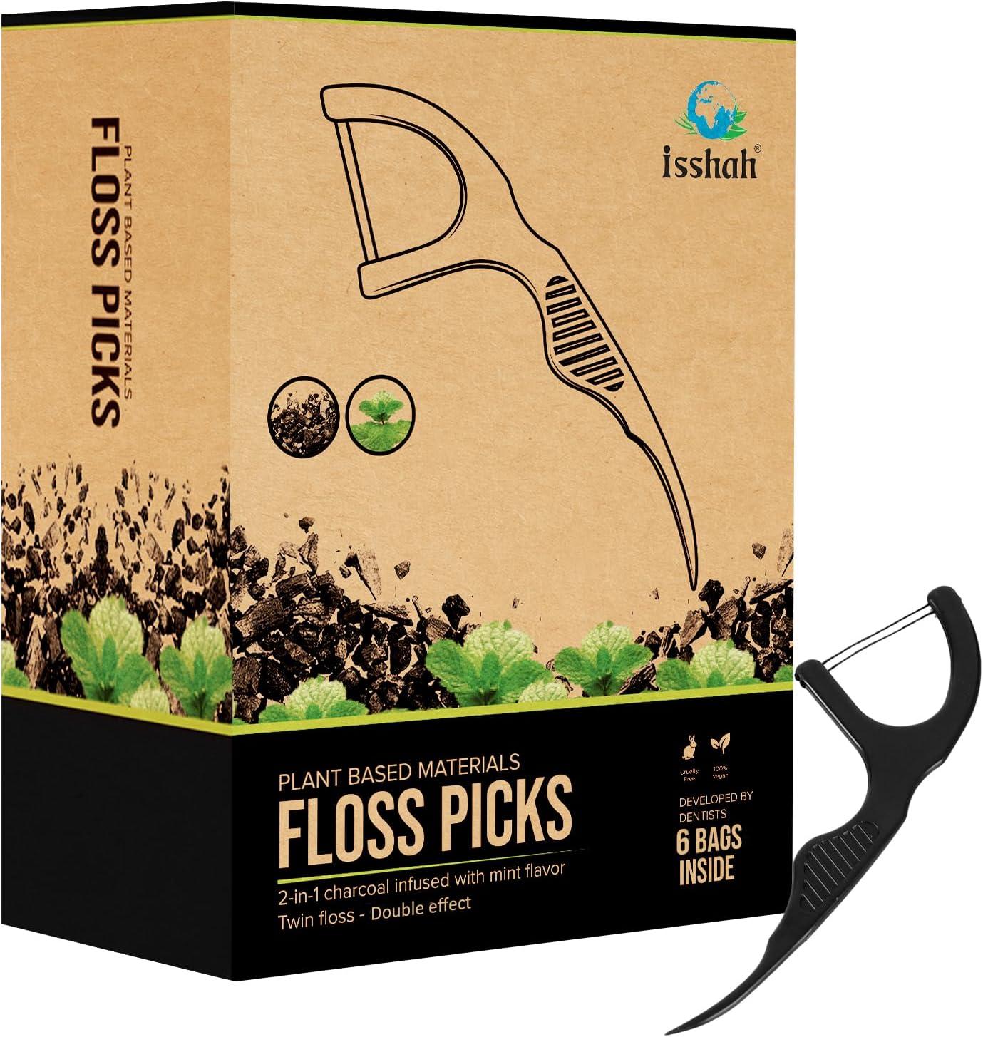 Plant Based Dental Floss Picks (300 Count) – Freshlock EcoPouch, Plant Based, Vegan, Eco Friendly, Sustainable Dental Flossers – Twin Floss (Charcoal)