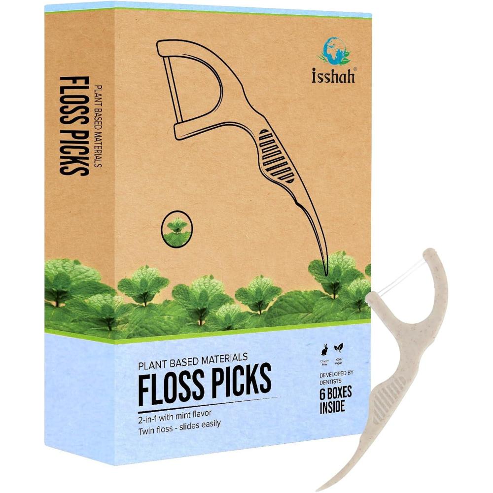 Natural Dental Floss Picks (300 Count) – Kraft Paper Box Packaging, Plant Based, PETA Approved Vegan, Eco Friendly, Sustainable Dental Flossers – Twin Floss (Charcoal)(Mint)