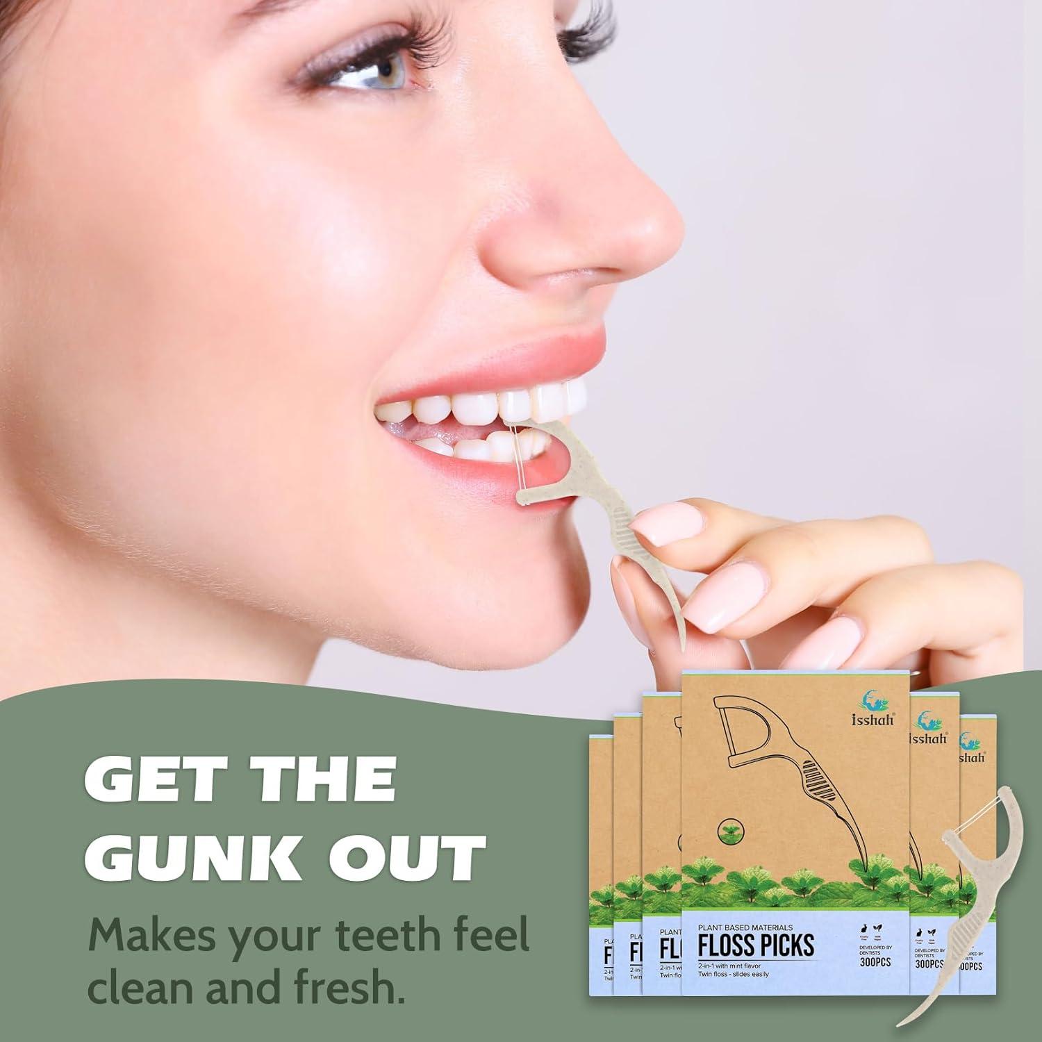 Natural Dental Floss Picks (300 Count) – Kraft Paper Box Packaging, Plant Based, PETA Approved Vegan, Eco Friendly, Sustainable Dental Flossers – Twin Floss (Charcoal)(Mint)