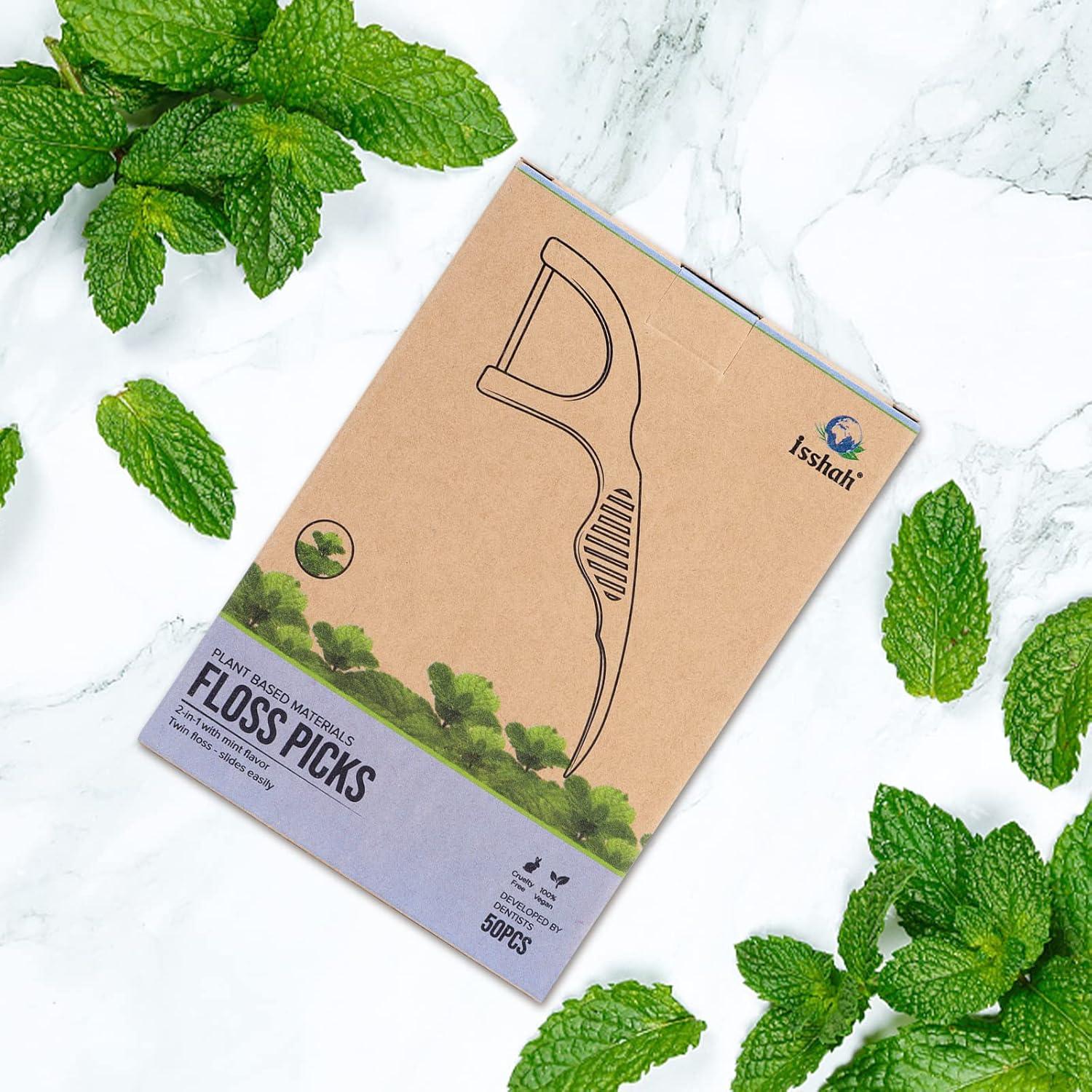 Natural Dental Floss Picks (300 Count) – Kraft Paper Box Packaging, Plant Based, PETA Approved Vegan, Eco Friendly, Sustainable Dental Flossers – Twin Floss (Charcoal)(Mint)