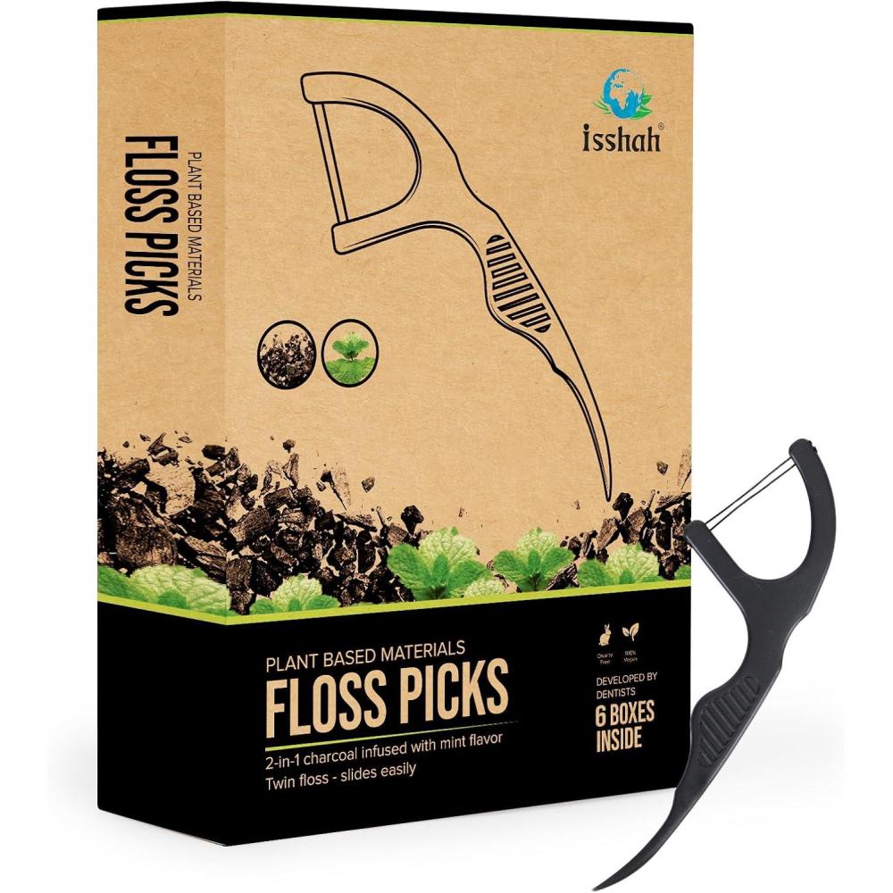 Natural Dental Floss Picks (300 Count) – Kraft Paper Box Packaging, Plant Based, PETA Approved Vegan, Eco Friendly, Sustainable Dental Flossers – Twin Floss (Charcoal)(Charcoal)