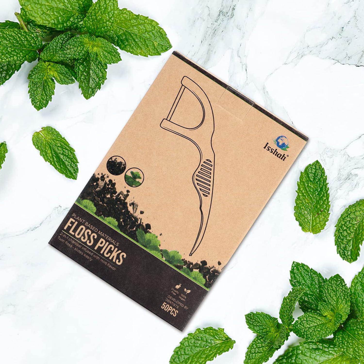 Natural Dental Floss Picks (300 Count) – Kraft Paper Box Packaging, Plant Based, PETA Approved Vegan, Eco Friendly, Sustainable Dental Flossers – Twin Floss (Charcoal)(Charcoal)