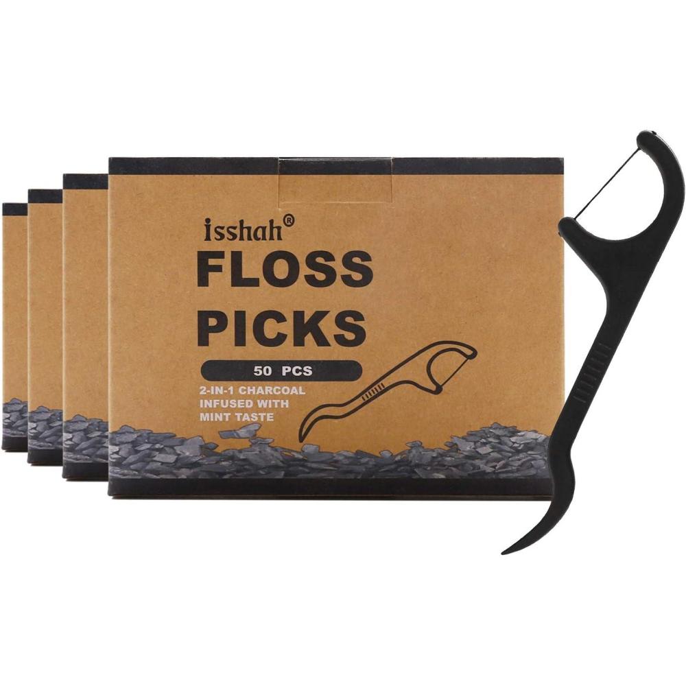 Natural Dental Floss Picks – 200 Count – PETA Approved, BPA Free, Vegan, Sustainable, Eco Friendly, Natural Dental Flossers by Isshah (Charcoal)(Charcoal)