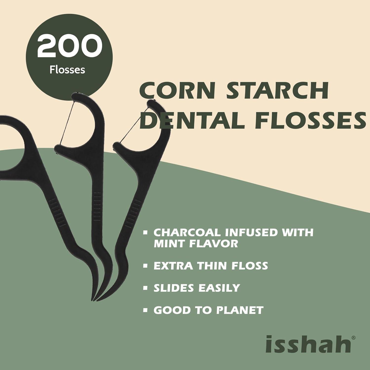 Natural Dental Floss Picks – 200 Count – PETA Approved, BPA Free, Vegan, Sustainable, Eco Friendly, Natural Dental Flossers by Isshah (Charcoal)(Charcoal)