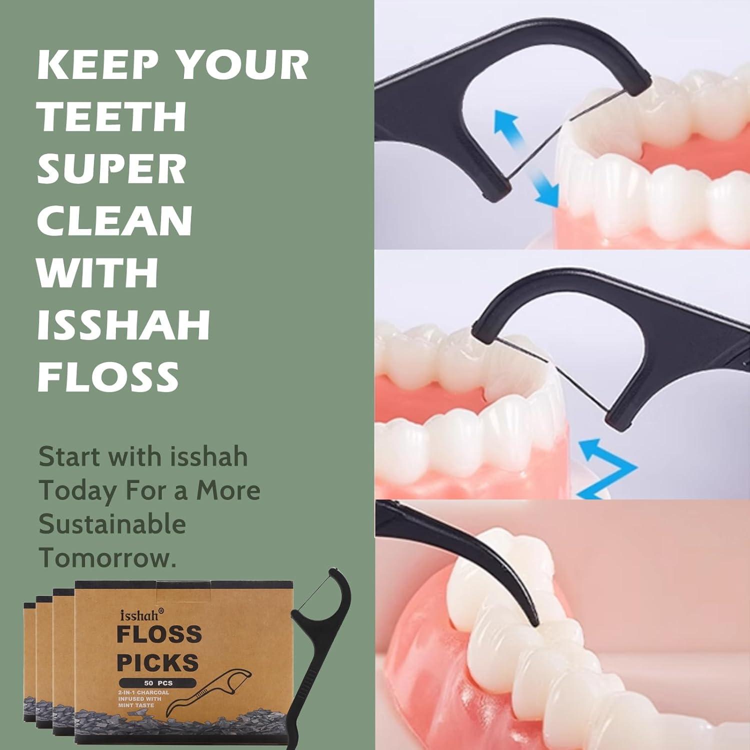 Natural Dental Floss Picks – 200 Count – PETA Approved, BPA Free, Vegan, Sustainable, Eco Friendly, Natural Dental Flossers by Isshah (Charcoal)(Charcoal)