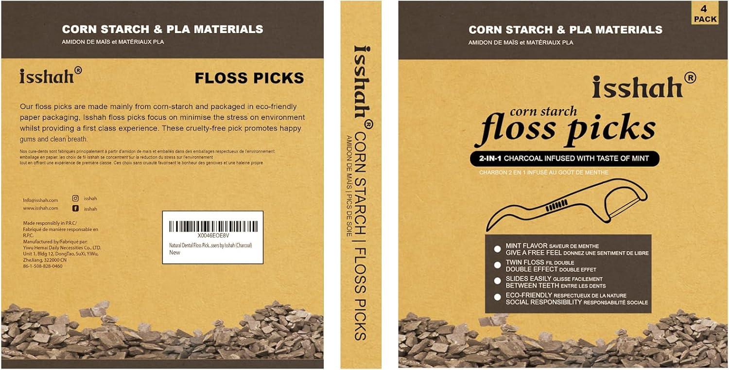 Natural Dental Floss Picks – 200 Count – PETA Approved, BPA Free, Vegan, Sustainable, Eco Friendly, Natural Dental Flossers by Isshah (Charcoal)(Charcoal)