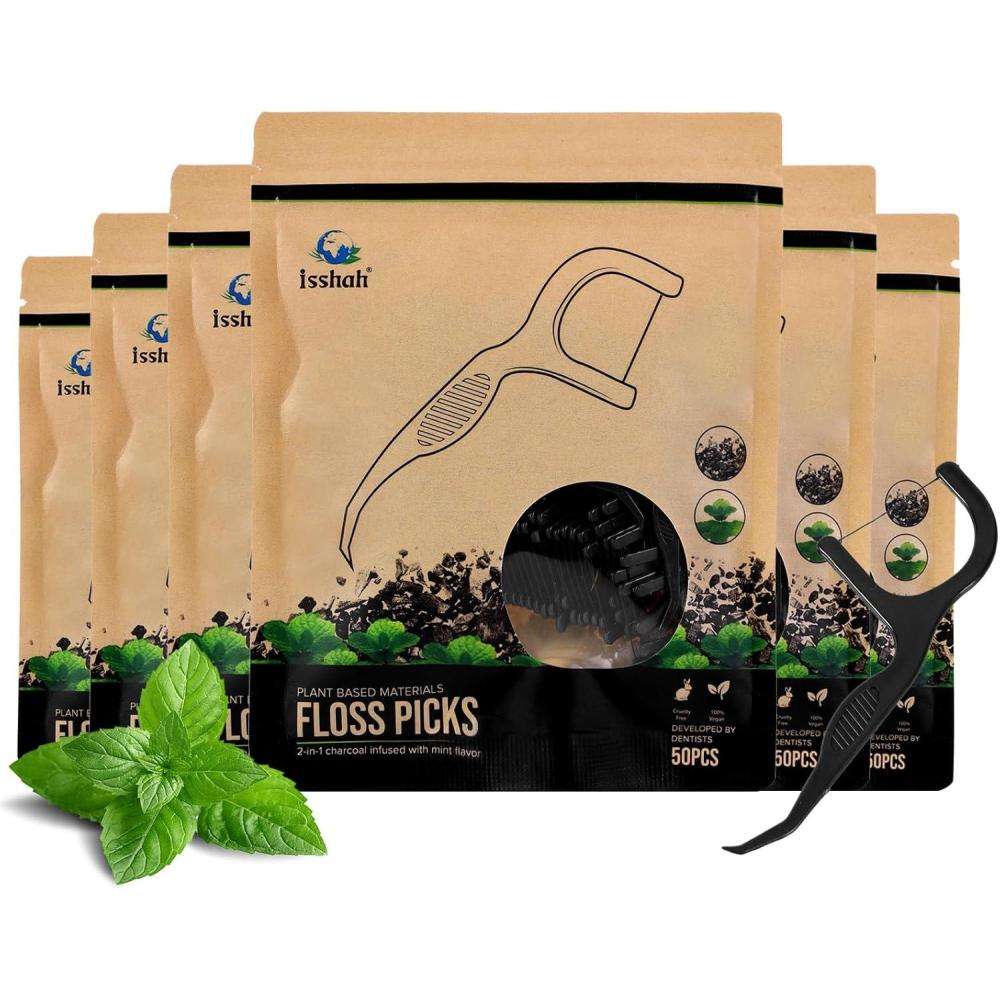 Floss Picks (300 Count) – Plant Based Dental Floss Picks for Superior Oral Care, Dental Hygiene, and Gum Health, Cruelty Free Tooth Floss Picks Single Thread (Mint)(Charcoal)