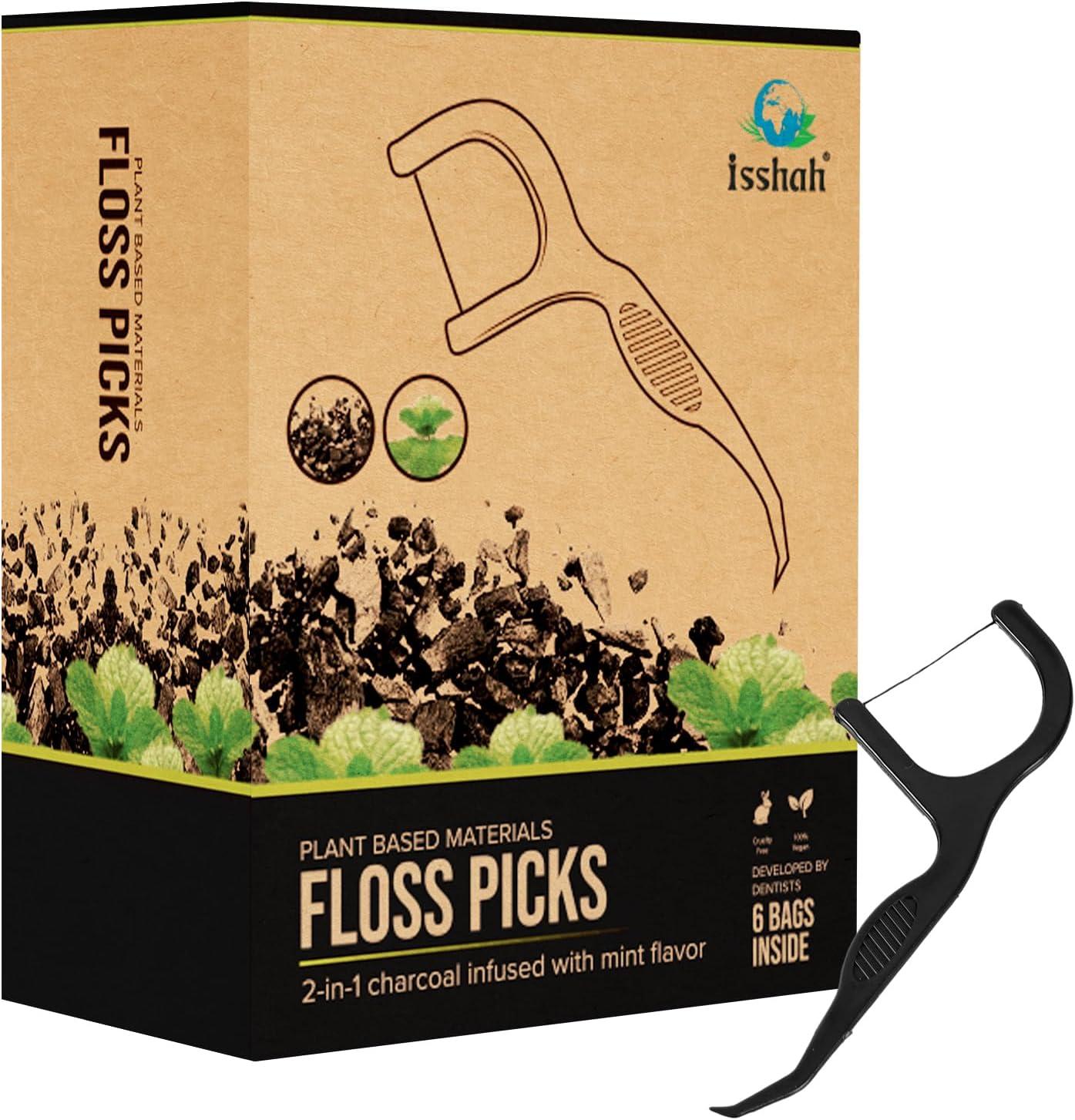 Floss Picks (300 Count) – Plant Based Dental Floss Picks for Superior Oral Care, Dental Hygiene, and Gum Health, Cruelty Free Tooth Floss Picks Single Thread (Mint)(Charcoal)