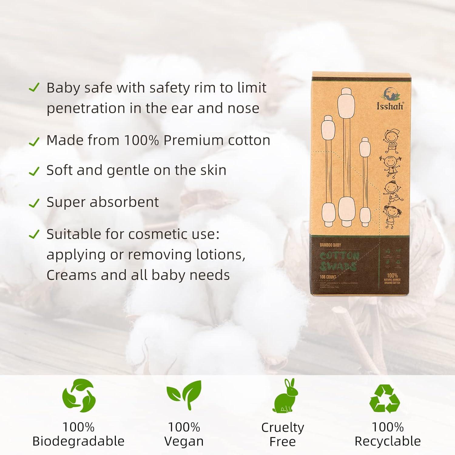Baby Cotton Swabs – 108 Count – FSC Certified and PETA Approved, Bamboo Handle Cotton Tips, 100% Biodegradable, Gentle, Eco Friendly, Double Tips, Plastic Free Safety Baby Cotton Buds by Isshah