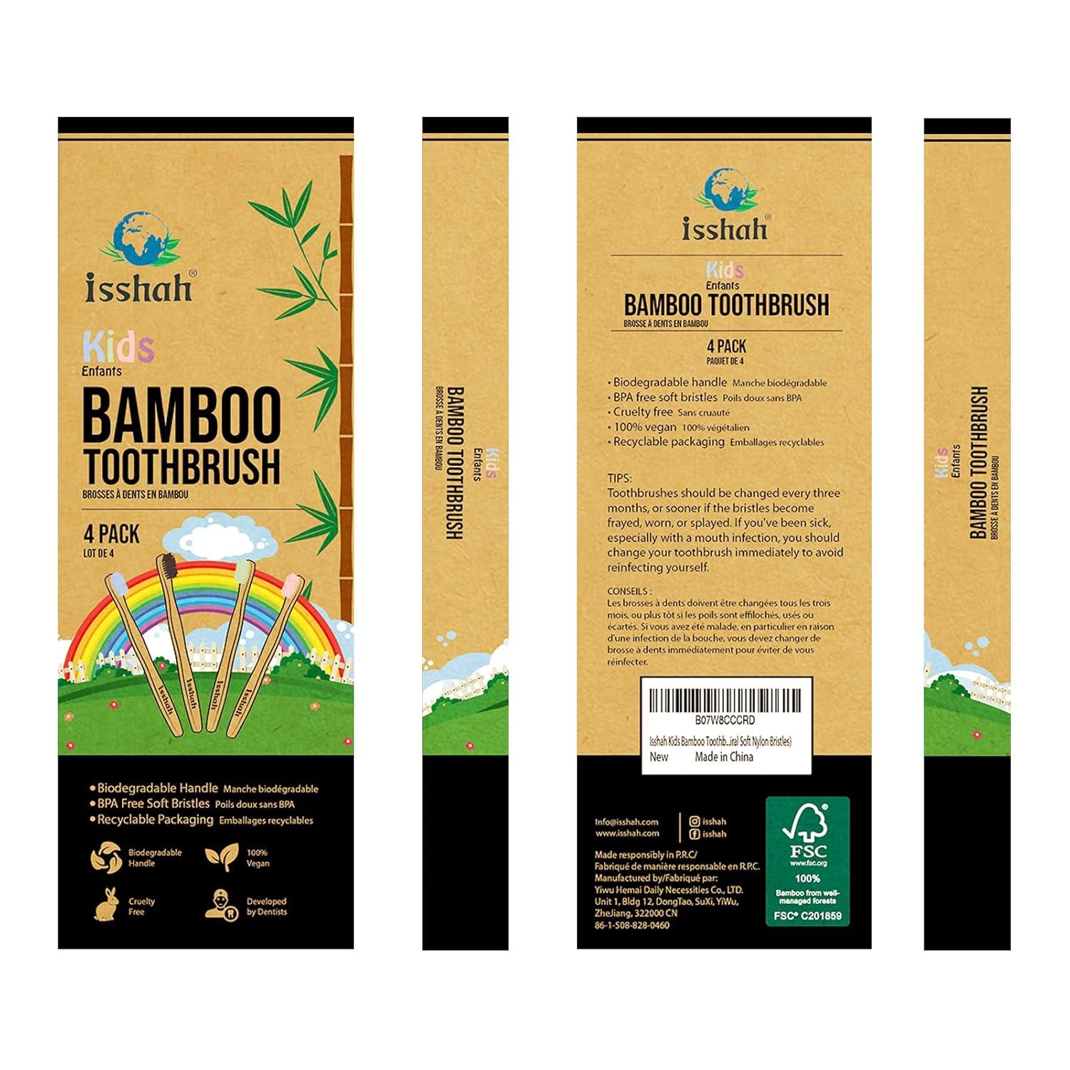 Kids Bamboo Toothbrushes Biodegradable Handle BPA Free Eco Friendly Children Size, Pack of 4