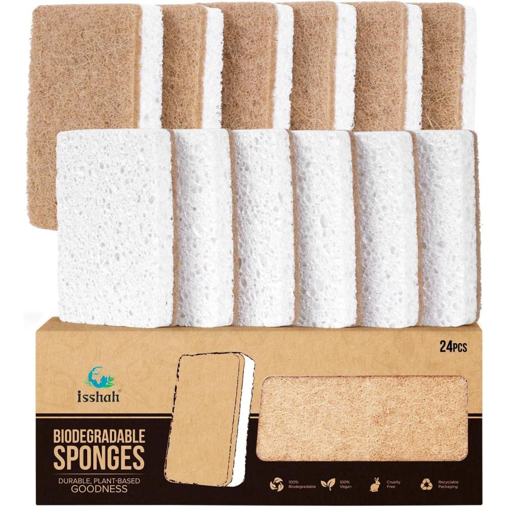 Plant-Based Kitchen Sponges – Natural, Eco-Friendly, Biodegradable Sisal Hemp Sponges for Dishes, Cleaning Sponge for Kitchen, Bathroom, Household – 24 Count